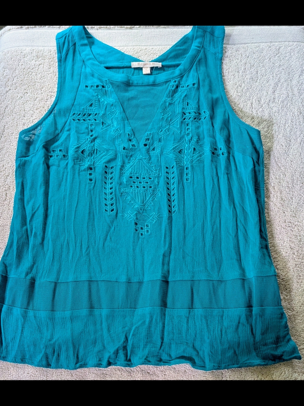 Skies Are Blue Teal Embroidered Gauze Tank Blouse Size L Boho Cutout Eyelet $18
